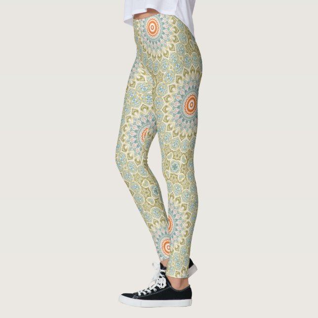 Leggings Patrón de Mandala Verde azulado y naranja con acen (Izquierda)
