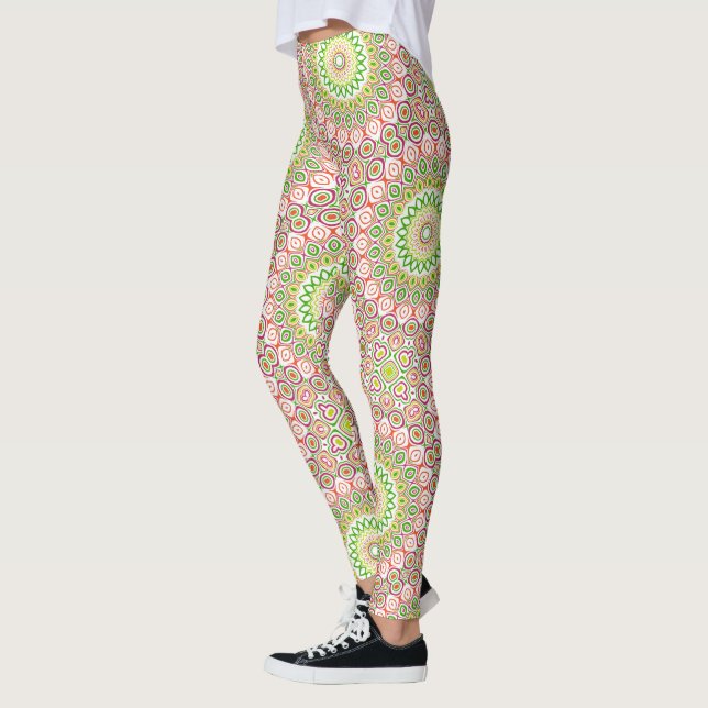 Leggings Patrón de Mandala Verde Brillante y Magenta (Izquierda)