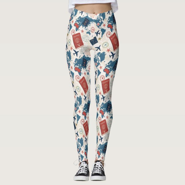 Leggings Patrón de Mapa de Viajes del Mundo (Anverso)