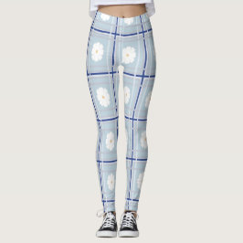 Leggings Patrón de margarita de cuadros azules