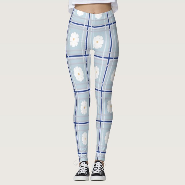 Leggings Patrón de margarita de cuadros azules (Anverso)