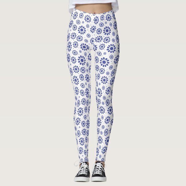 Leggings Patrón de margarita de resumen azul y blanco de bo (Anverso)