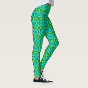 Leggings Patrón de margarita geométrica en turquesa y verde