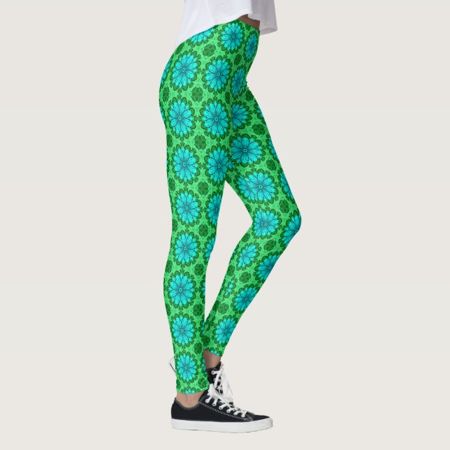 Leggings Patrón de margarita geométrica en turquesa y verde (Derecha)