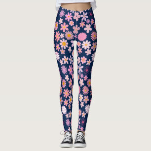 Leggings Patrón de margarita rosada 01.bw DBlue BG