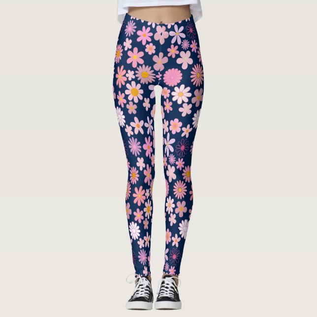 Leggings Patrón de margarita rosada 01.bw DBlue BG (Anverso)