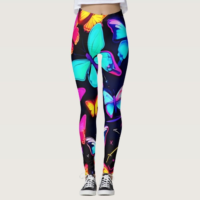 Leggings Patrón de mariposa de neón (Anverso)
