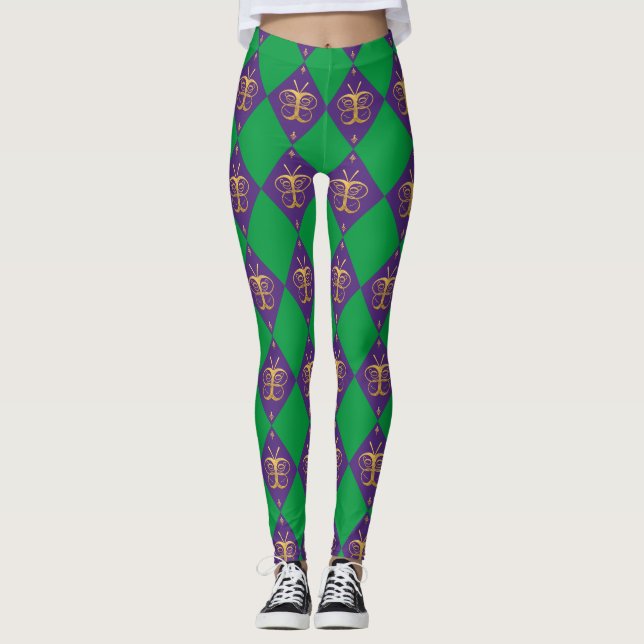 Leggings Patrón de mariposa Mardi Gras Harlequin (Anverso)