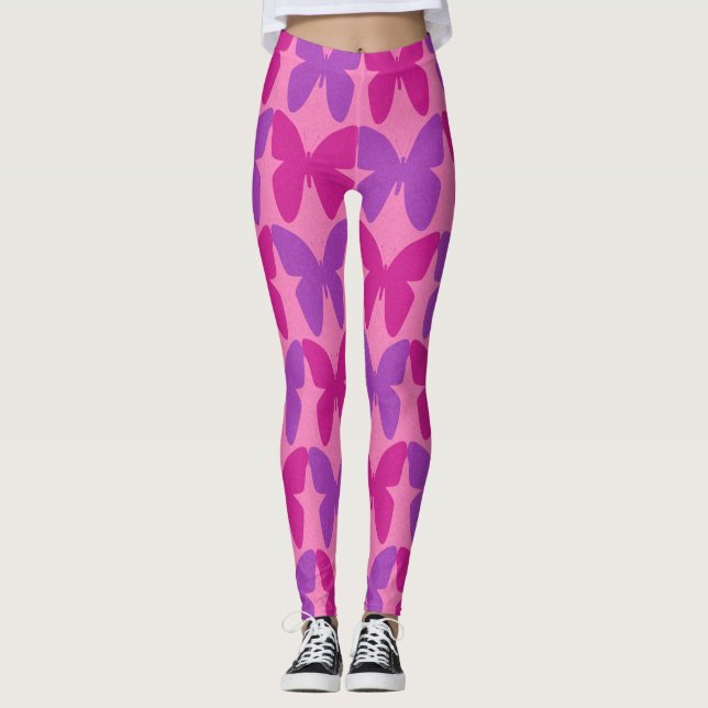 Leggings Patrón de mariposa rosa y púrpura (Anverso)