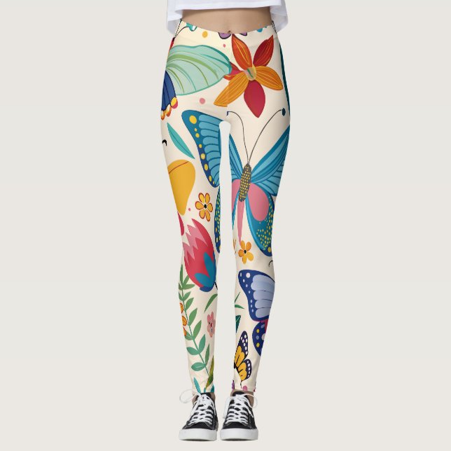 Leggings Patrón de mariposas y flores de verano de bonito (Anverso)