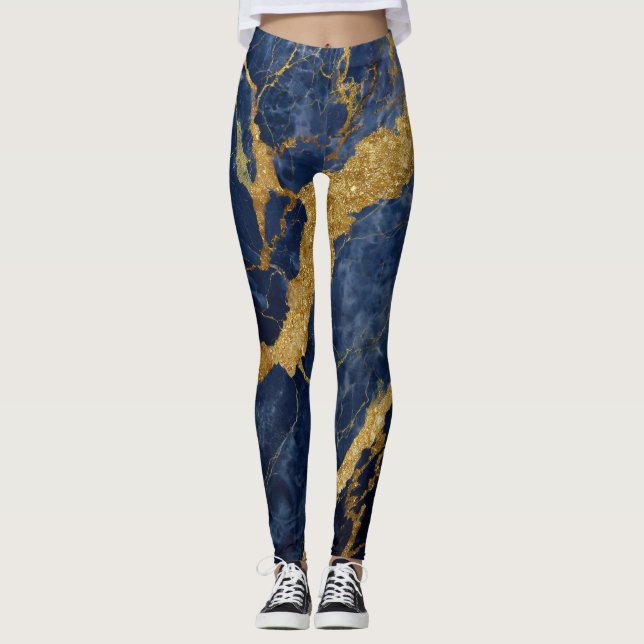 Leggings Patrón de mármol azul con oro (Anverso)