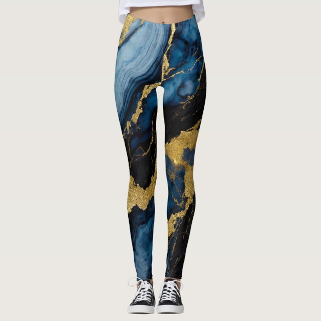 Leggings Patrón de mármol azul con oro (Anverso)