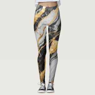Leggings Patrón de mármol blanco y negro con oro