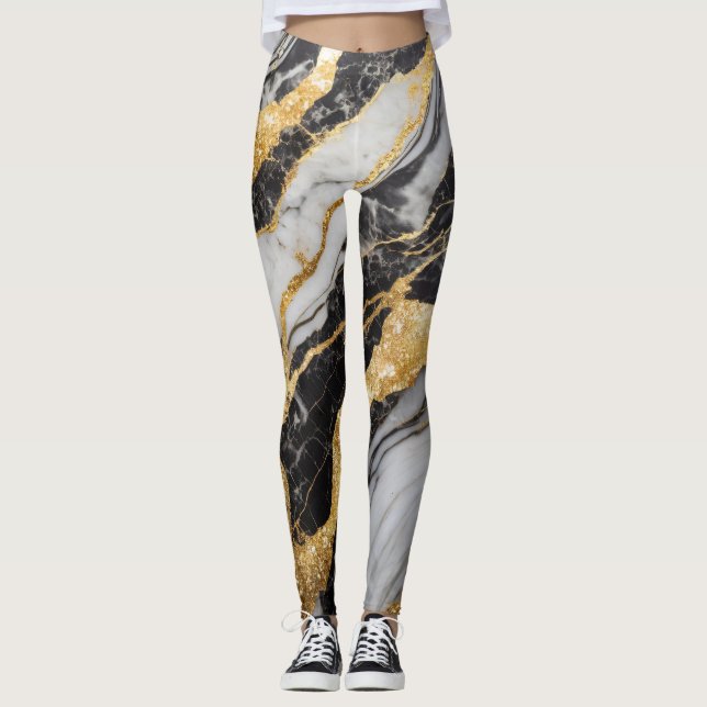 Leggings Patrón de mármol blanco y negro con oro (Anverso)