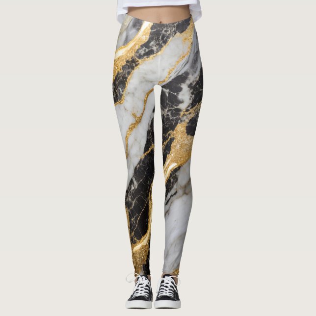 Leggings Patrón de mármol blanco y negro con oro (Anverso)