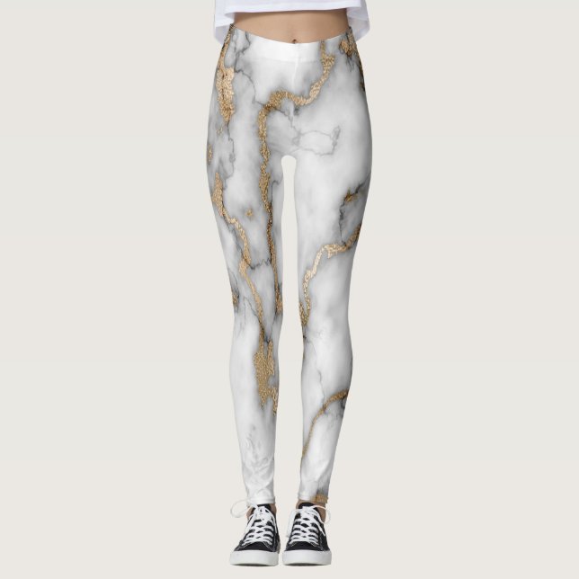 Leggings Patrón de mármol de oro blanco moderno y genial (Anverso)