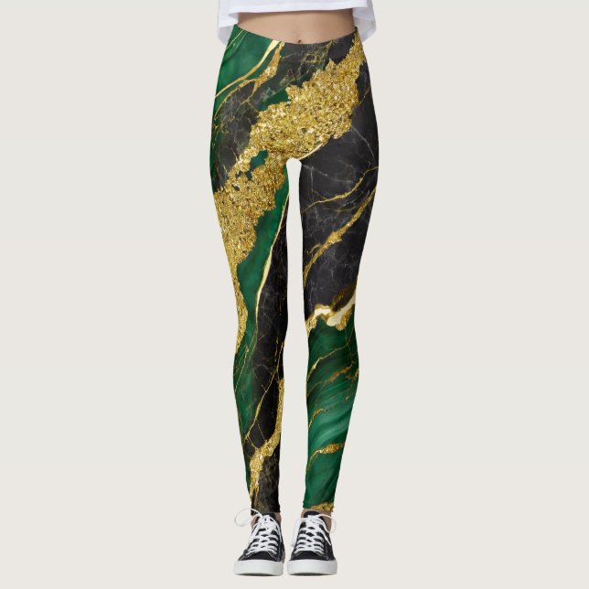 Leggings Patrón de mármol verde con oro (Anverso)