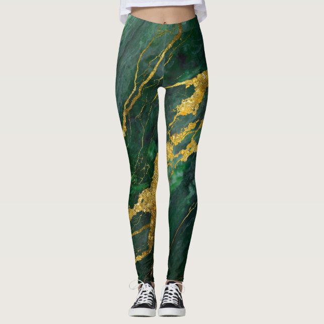 Leggings Patrón de mármol verde con oro (Anverso)