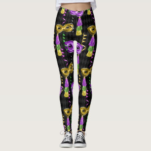 Leggings Patrón de Máscara de Mardi Gras Dorado Purpura