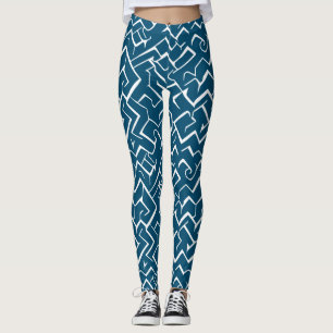 Leggings Patrón de meandro azul y blanco profundo Maze mo
