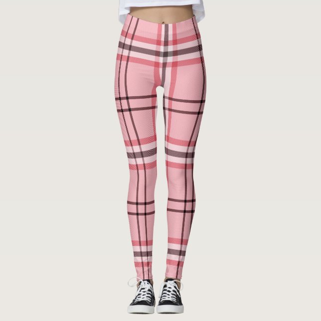 Leggings Patrón de moda de cuadros rosa y gris chic (Anverso)
