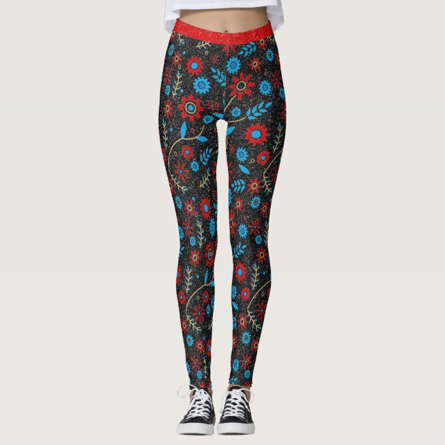 Leggings Patrón de Moda de flores Purpurina negro rojo dora (Anverso)