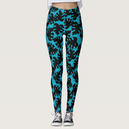 Leggings Patrón de monstera tropical en negro y azul acuáti