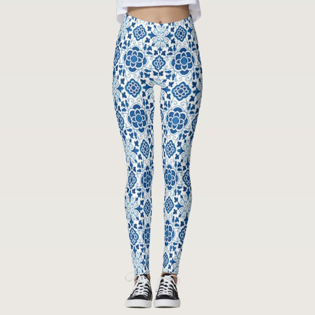 Leggings Patrón de mosaico de azulejos azules portugueses v (Anverso)