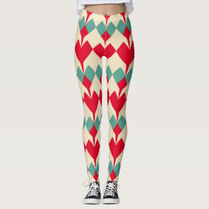 Leggings Patrón de mosaico de corazones rojos, azul de ment