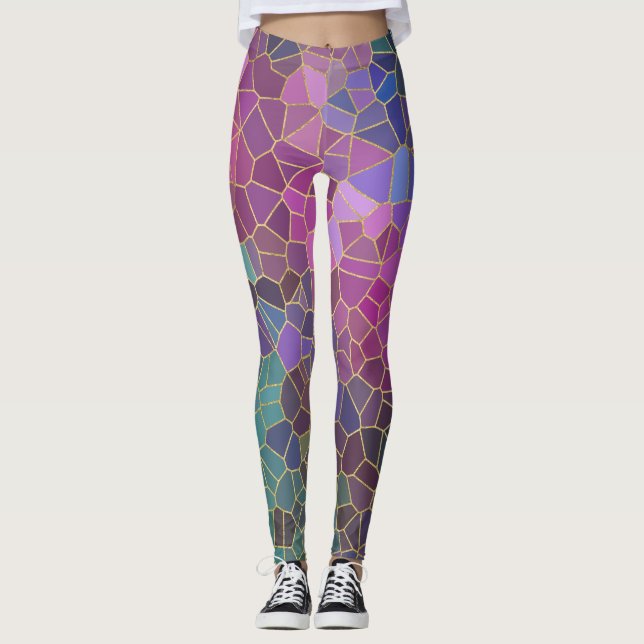 Leggings Patrón de mosaico de rosa púrpura azul turquesa ve (Anverso)
