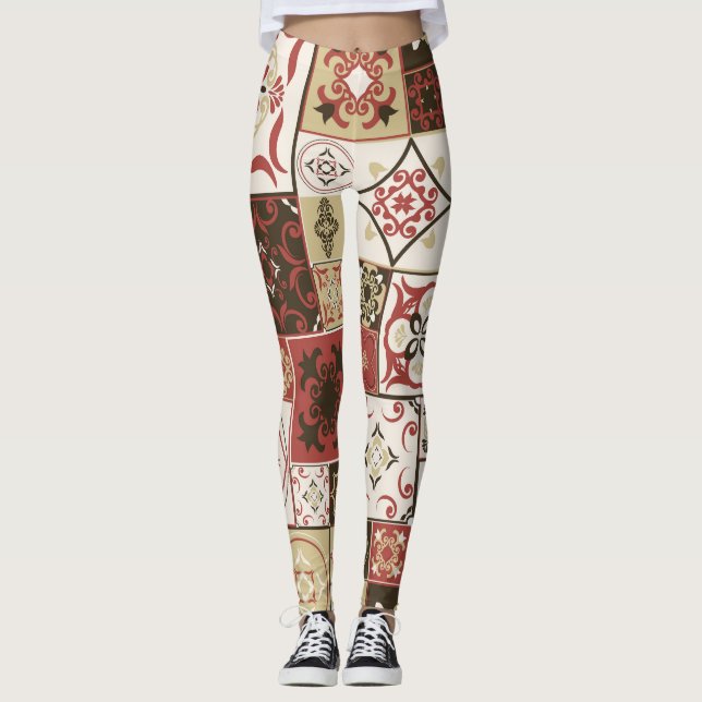Leggings Patrón de mosaico marroquí de Marsala de moda (Anverso)