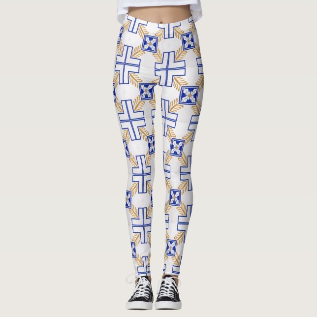 Leggings Patrón de mosaicos portugueses azul amarillo Azule (Anverso)
