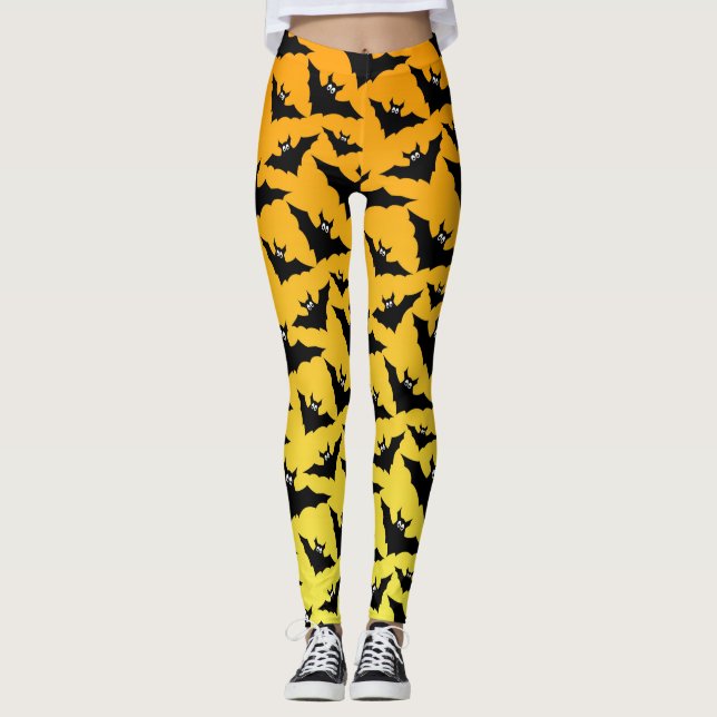 Leggings Patrón de murciélagos negros naranjas de Halloween (Anverso)