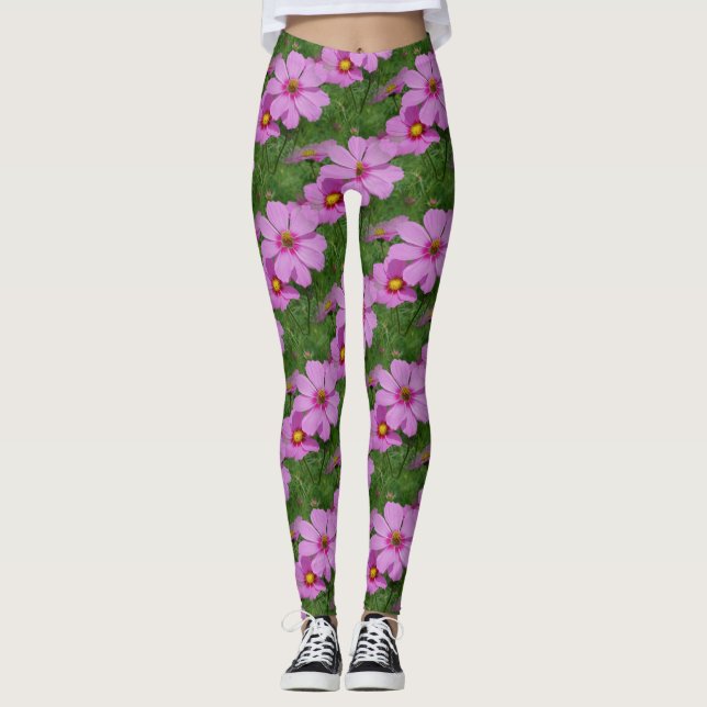 Leggings Patrón de naturaleza de las flores de cosmos rosad (Anverso)