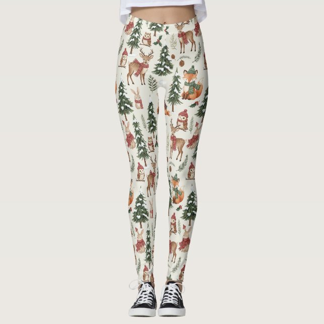 Leggings Patrón de Navidad Blanco Zorro Bosque Ciervo Conej (Anverso)