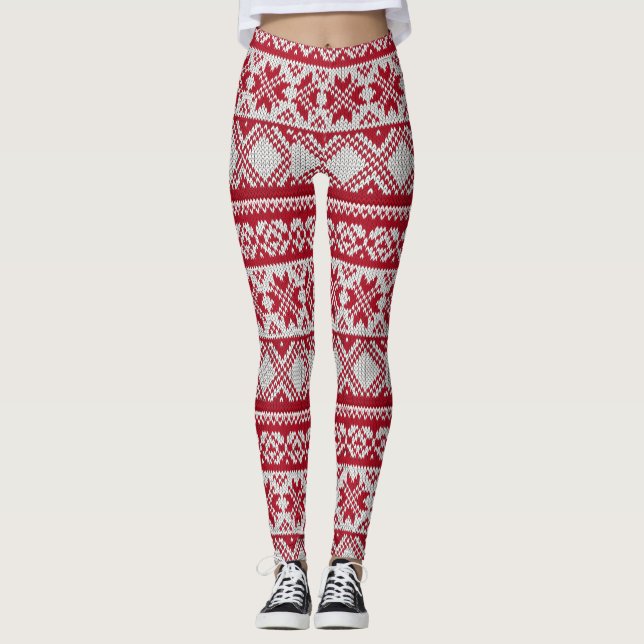 Leggings Patrón de Navidad de punto en rojo y blanco (Anverso)