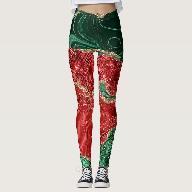 Leggings Patrón de Navidades de Glam verde y rojo Purpurina (Anverso)