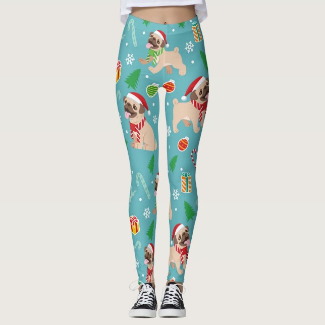 Leggings Patrón de Navidades de Pug Feliz (Anverso)