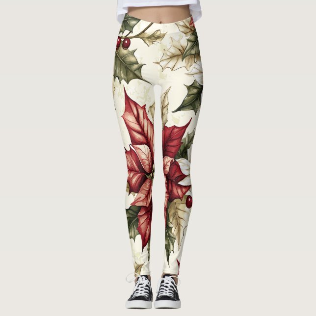 Leggings Patrón de Navidades florales de Poinsettia (4) (Anverso)