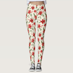 Leggings Patrón de Navidades florales rojas de Holly Verde
