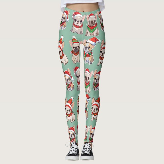 Leggings Patrón de Navidades Pastel de Bulldoges franceses (Anverso)
