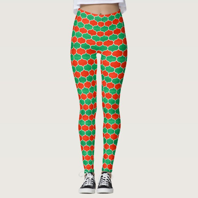Leggings Patrón de Ogeo de Navidades verdes rojos festivos (Anverso)