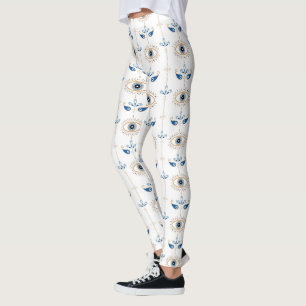 Leggings Patrón de ojo malvado bohemio blanco retro