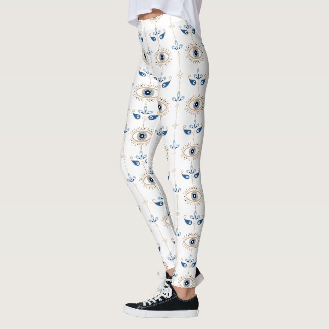 Leggings Patrón de ojo malvado bohemio blanco retro (Izquierda)