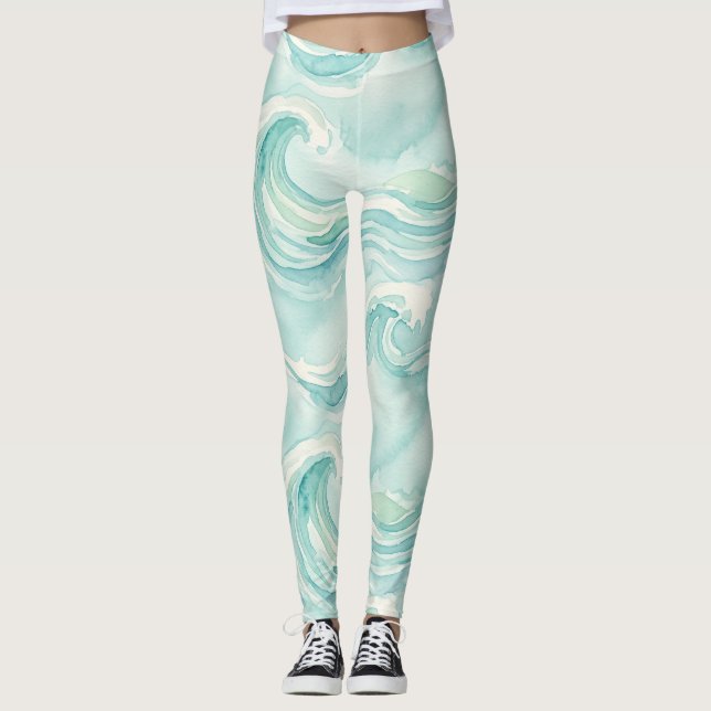 Leggings Patrón de ola de océano acuarela (Anverso)