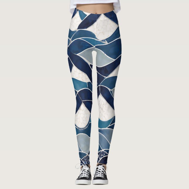 Leggings Patrón de onda blanca azul 01 (Anverso)