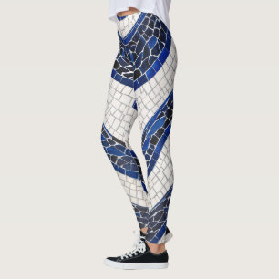 Leggings Patrón de onda blanca azul 04