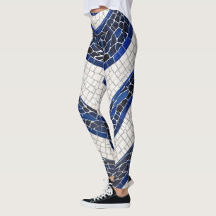 Leggings Patrón de onda blanca azul 04