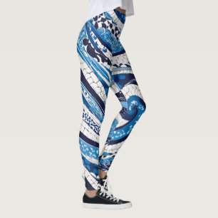 Leggings Patrón de onda blanca azul 05