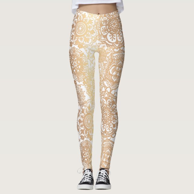 Leggings Patrón de oro y boho blanco Mandala Yoga (Anverso)